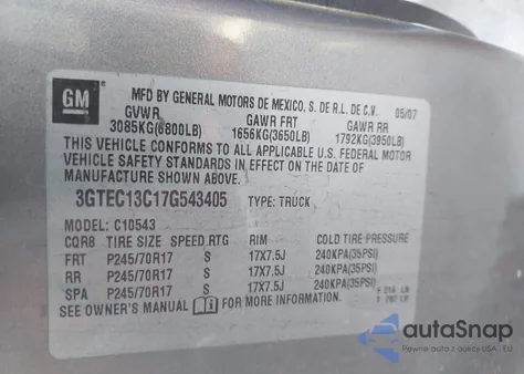 2007 GMC Sierra 1500 Sl z USA, uszkodzony, nr VIN 3GTEC13C17G543405